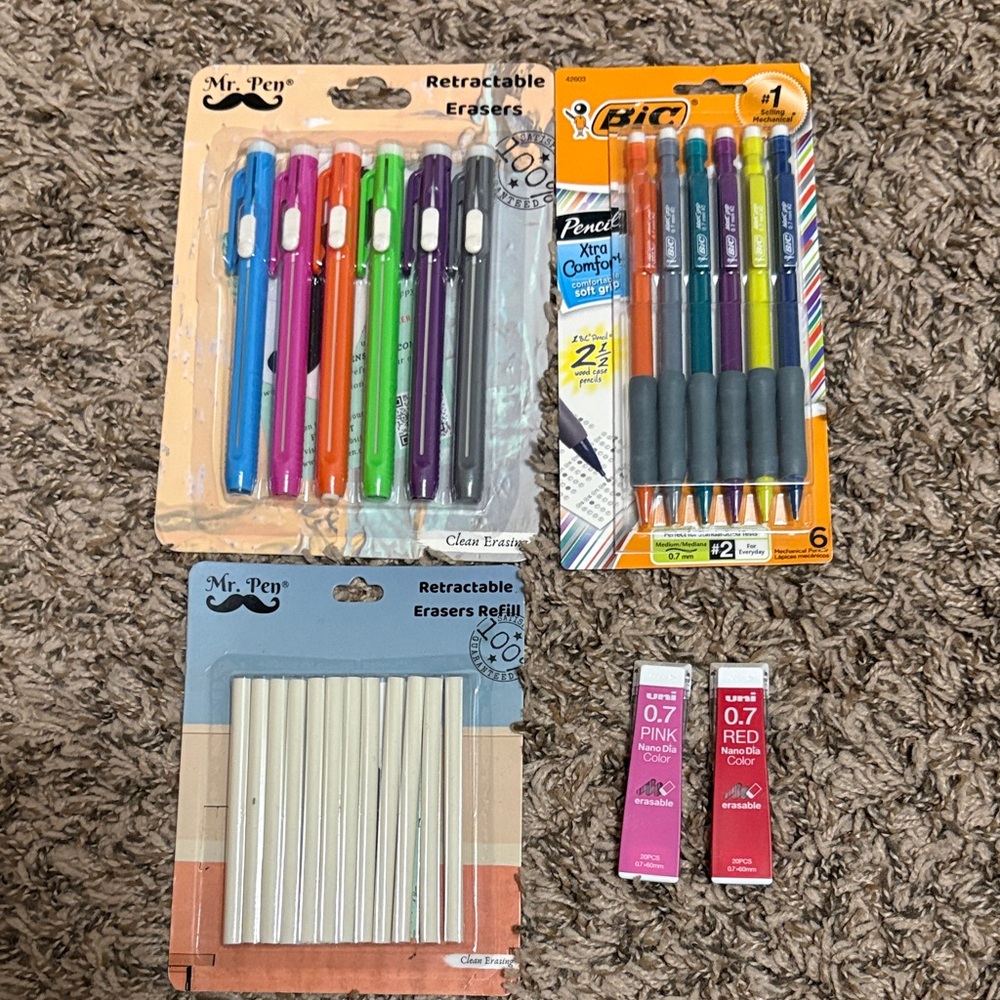 Set of 0.7 mm Mechanical Pencils and Eraser Pens, refills and colored lead